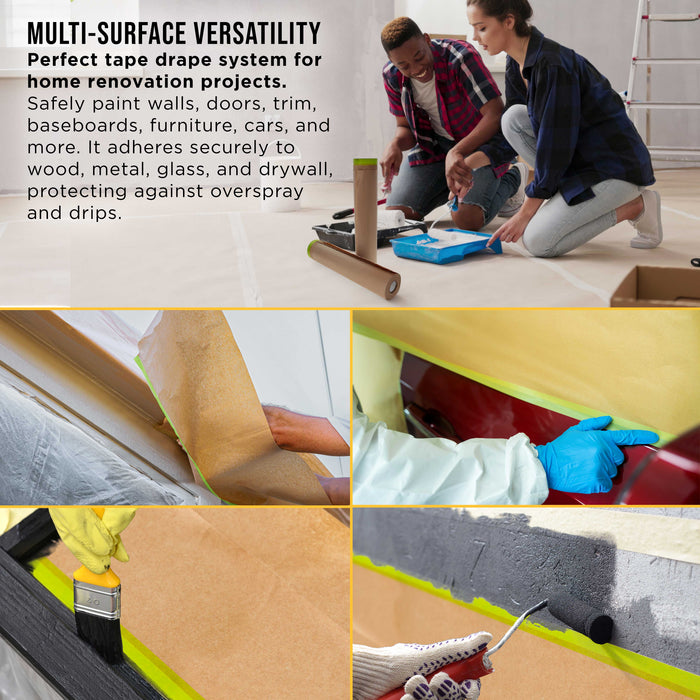 Pre-Taped Masking Paper for Painting (24" x 50', 2 Rolls) - Tape and Drape Painters Paper, Protective Covering, Overspray Barrier for Home Renovation Projects, Walls Doors, Furniture, Cars