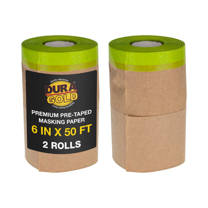 Pre-Taped Masking Paper for Painting (6" x 50', 2 Rolls) - Tape and Drape Painters Paper, Protective Covering, Overspray Barrier