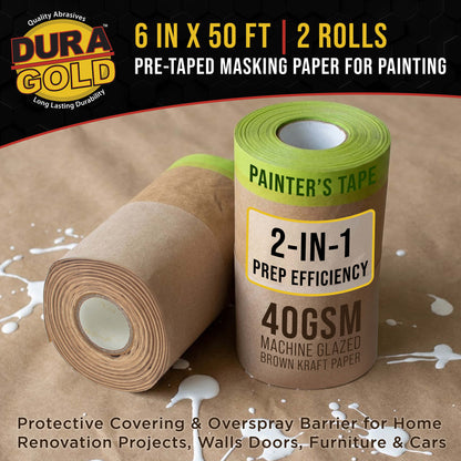 Pre-Taped Masking Paper for Painting (6" x 50', 2 Rolls) - Tape and Drape Painters Paper, Protective Covering, Overspray Barrier
