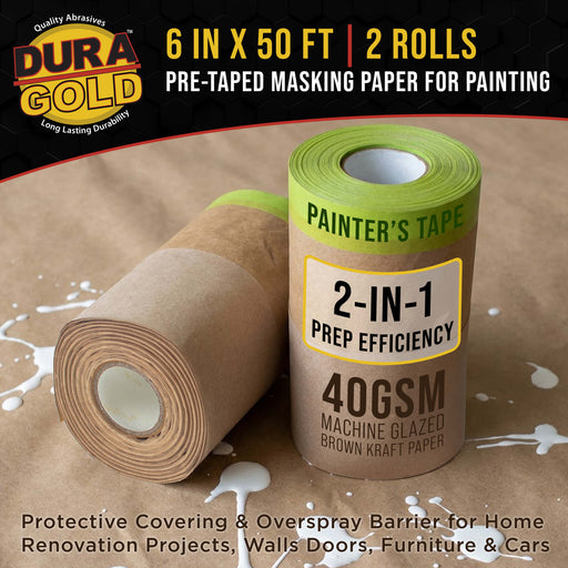 Pre-Taped Masking Paper for Painting (6" x 50', 2 Rolls) - Tape and Drape Painters Paper, Protective Covering, Overspray Barrier for Home Renovation Projects, Walls Doors, Furniture, Cars