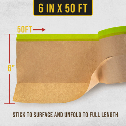 Pre-Taped Masking Paper for Painting (6" x 50', 2 Rolls) - Tape and Drape Painters Paper, Protective Covering, Overspray Barrier