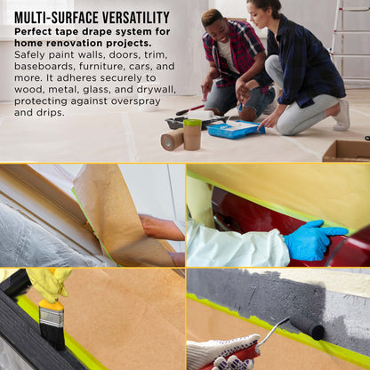 Pre-Taped Masking Paper for Painting (6" x 50', 2 Rolls) - Tape and Drape Painters Paper, Protective Covering, Overspray Barrier