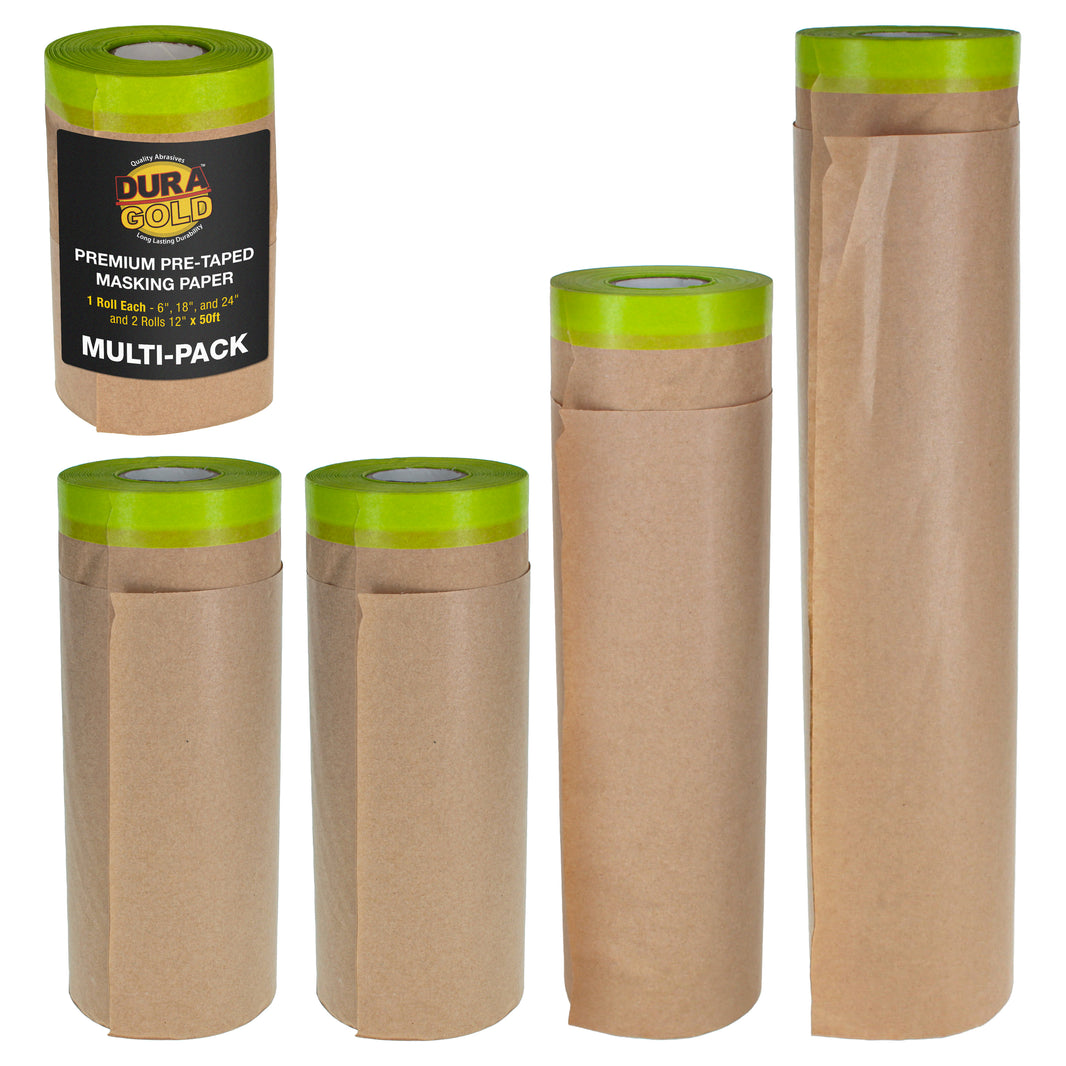 Pre-Taped Masking Paper for Painting (Variety Pack 6", 12", 18", 24" x 50' Rolls) Tape and Drape Painters Paper, Protective Covering