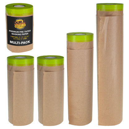 Pre-Taped Masking Paper for Painting (Variety Pack 6", 12", 18", 24" x 50' Rolls) Tape and Drape Painters Paper, Protective Covering