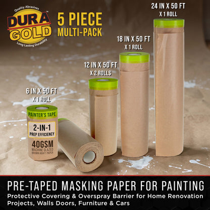 Pre-Taped Masking Paper for Painting (Variety Pack 6", 12", 18", 24" x 50' Rolls) Tape and Drape Painters Paper, Protective Covering