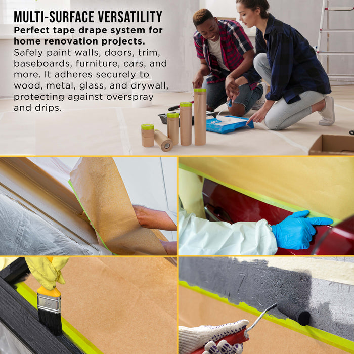 Pre-Taped Masking Paper for Painting (Variety Pack 6", 12", 18", 24" x 50' Rolls) Tape and Drape Painters Paper, Protective Covering, Overspray Barrier, Home Renovation, Walls Furniture Cars