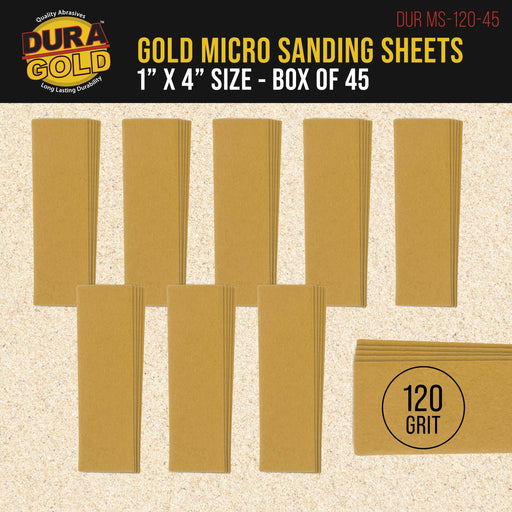 Premium 1" x 4" Gold Sandpaper Micro Sheets, 120 Grit (Box of 45) - Hook & Loop Backing, Wood Furniture Woodworking - Hand Micro Sanding Blocks