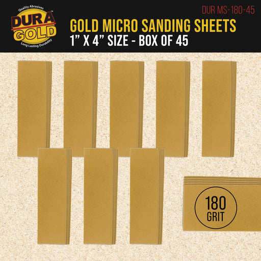 Premium 1" x 4" Gold Sandpaper Micro Sheets, 180 Grit (Box of 45) - Hook & Loop Backing, Wood Furniture Woodworking - Hand Micro Sanding Blocks