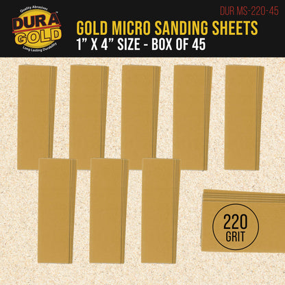 Premium 1" x 4" Gold Sandpaper Micro Sheets, 220 Grit (Box of 45) - Hook & Loop Backing, Wood Furniture Woodworking - Hand Micro Sanding Blocks