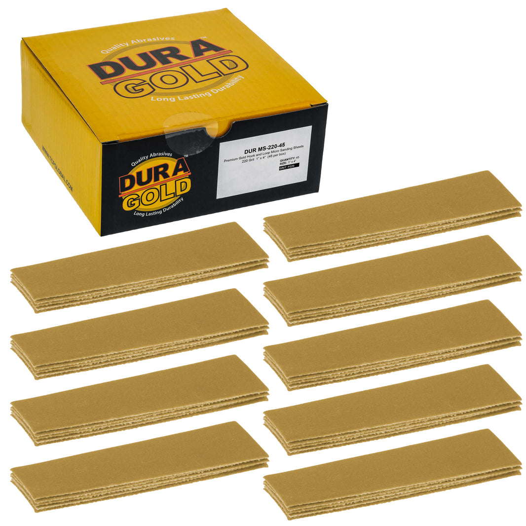 Premium 1" x 4" Gold Sandpaper Micro Sheets, 220 Grit (Box of 45) - Hook & Loop Backing, Wood Furniture Woodworking - Hand Micro Sanding Blocks