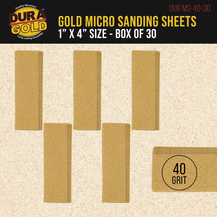 Premium 1" x 4" Gold Sandpaper Micro Sheets, 40 Grit (Box of 30) - Hook & Loop Backing, Wood Furniture Woodworking - Hand Micro Sanding Blocks