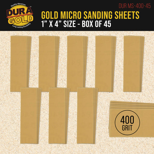 Premium 1" x 4" Gold Sandpaper Micro Sheets, 400 Grit (Box of 45) - Hook & Loop Backing, Wood Furniture Woodworking - Hand Micro Sanding Blocks
