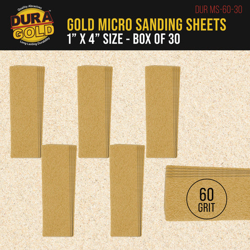 Premium 1" x 4" Gold Sandpaper Micro Sheets, 60 Grit (Box of 30) - Hook & Loop Backing, Wood Furniture Woodworking - Hand Micro Sanding Blocks