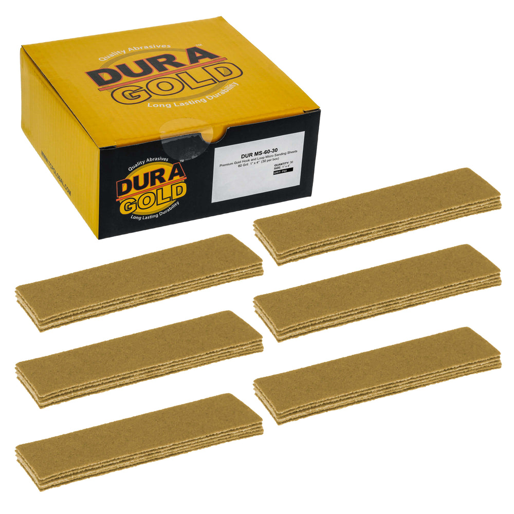 Premium 1" x 4" Gold Sandpaper Micro Sheets, 60 Grit (Box of 30) - Hook & Loop Backing, Wood Furniture Woodworking - Hand Micro Sanding Blocks