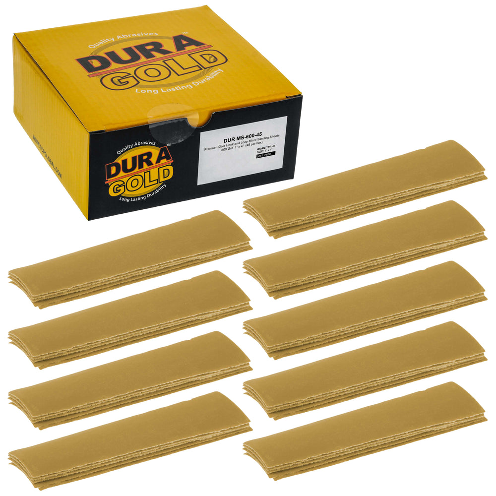 Premium 1" x 4" Gold Sandpaper Micro Sheets, 600 Grit (Box of 45) - Hook & Loop Backing, Wood Furniture Woodworking - Hand Micro Sanding Blocks