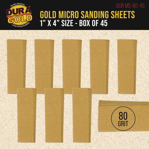 Premium 1" x 4" Gold Sandpaper Micro Sheets, 80 Grit (Box of 45) - Hook & Loop Backing, Wood Furniture Woodworking - Hand Micro Sanding Blocks