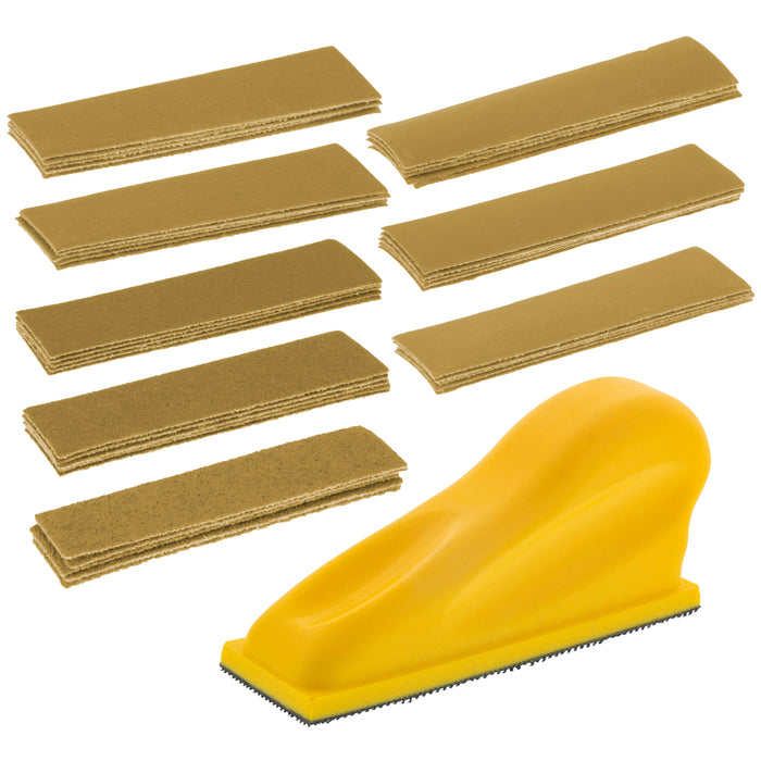 Micro Hand Sanding Block Kit, 3.5” x 1” Pad, Hook & Loop Backing, 40 Sandpaper Sheets, 5 Each 60 80 120 180 220 320 400 600 Grit
