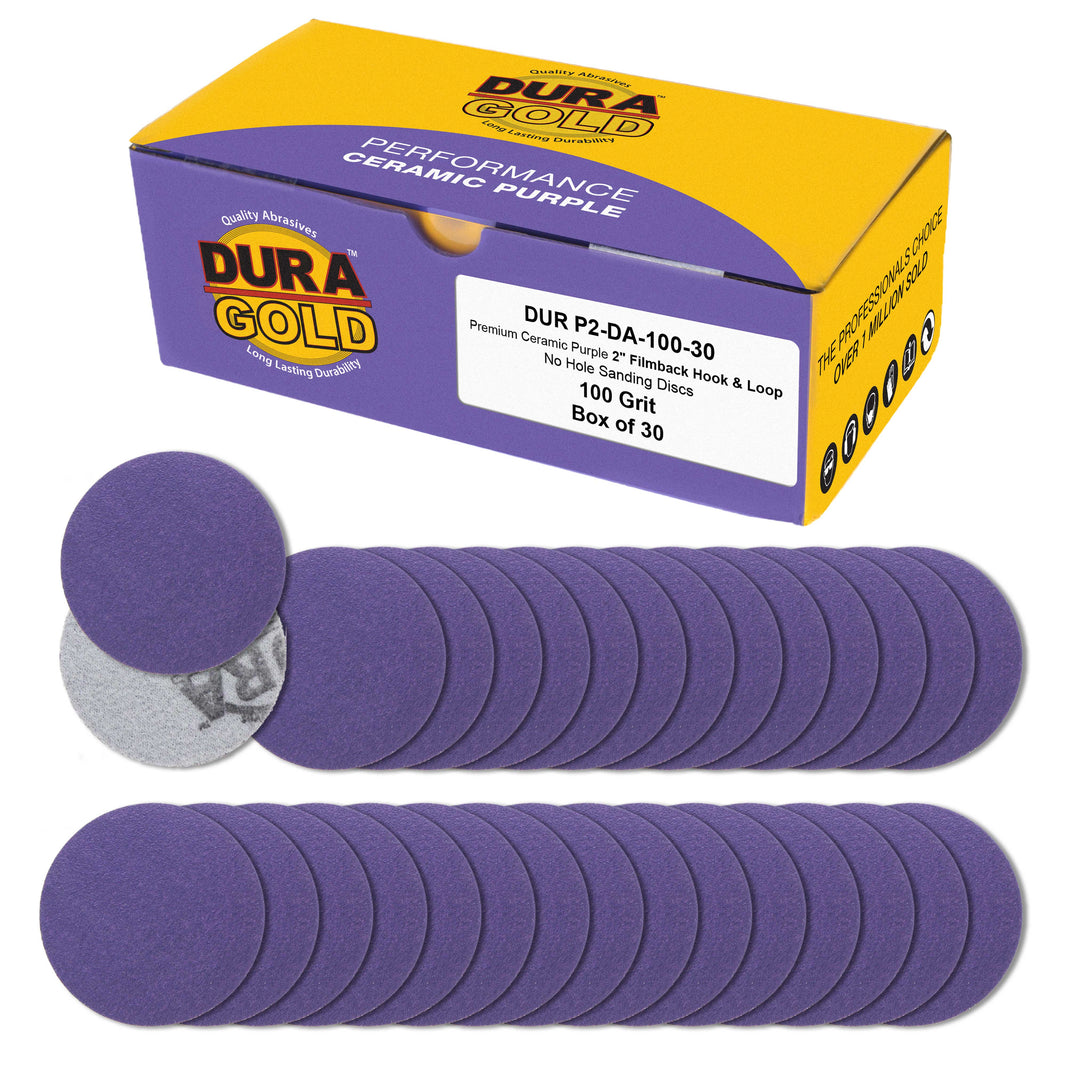 Premium 100 Grit 2" Purple Film Ceramic Sanding Discs, Box of 30 - Hook & Loop Backing Sandpaper for DA Sander, Drill, Grinder, Rotary Tool