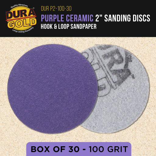 Premium 100 Grit 2" Purple Film Ceramic Sanding Discs, Box of 30 - Hook & Loop Backing Sandpaper for DA Sander, Drill, Grinder, Rotary Tool - Sand Auto Body Paint, Metal, Wood, Woodworking