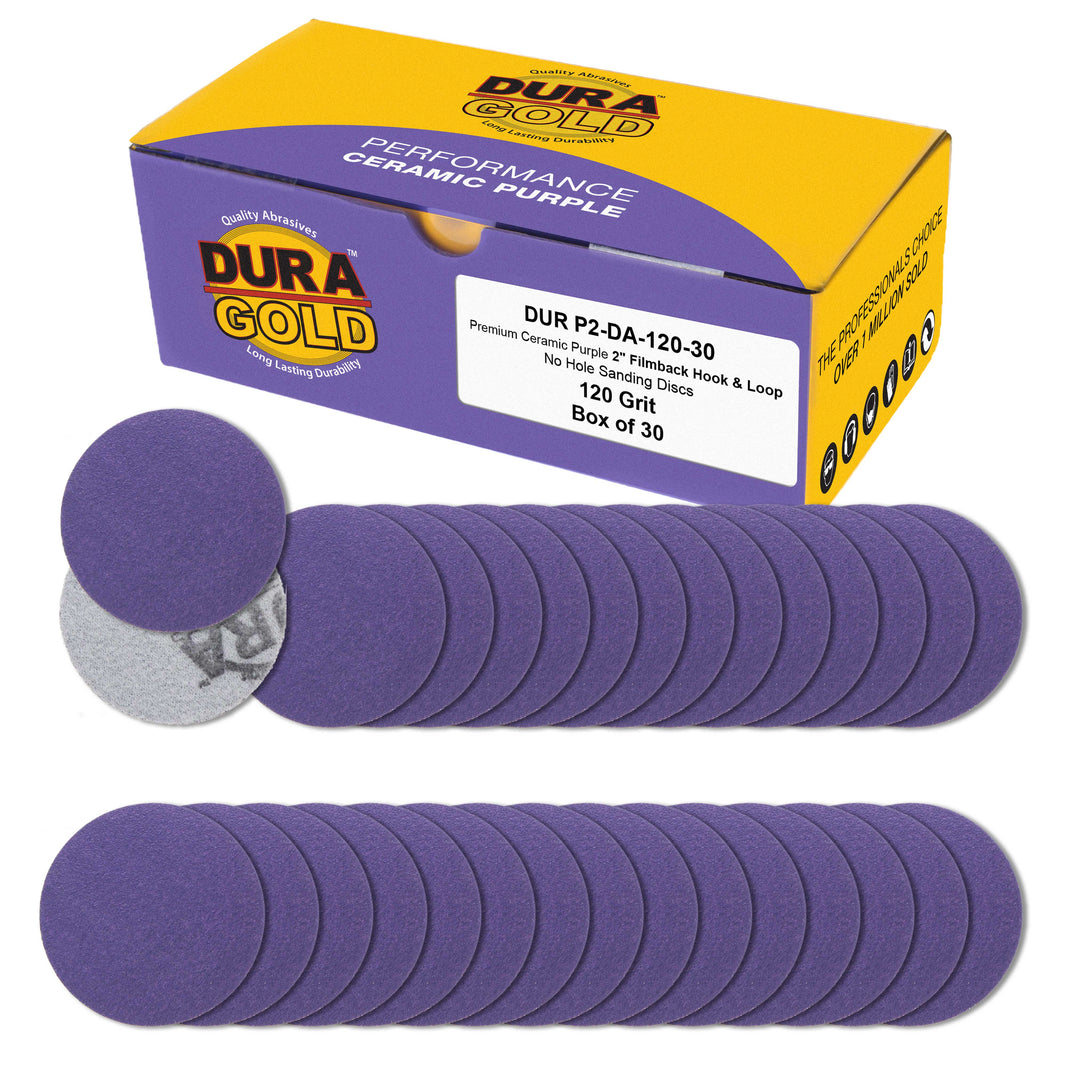 Premium 120 Grit 2" Purple Film Ceramic Sanding Discs, Box of 30 - Hook & Loop Backing Sandpaper for DA Sander, Drill, Grinder, Rotary Tool