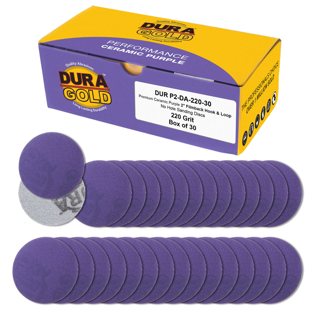 Premium 220 Grit 2" Purple Film Ceramic Sanding Discs, Box of 30 - Hook & Loop Backing Sandpaper for DA Sander, Drill, Grinder, Rotary Tool