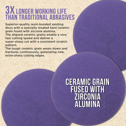 Premium 220 Grit 2" Purple Film Ceramic Sanding Discs, Box of 30 - Hook & Loop Backing Sandpaper for DA Sander, Drill, Grinder, Rotary Tool
