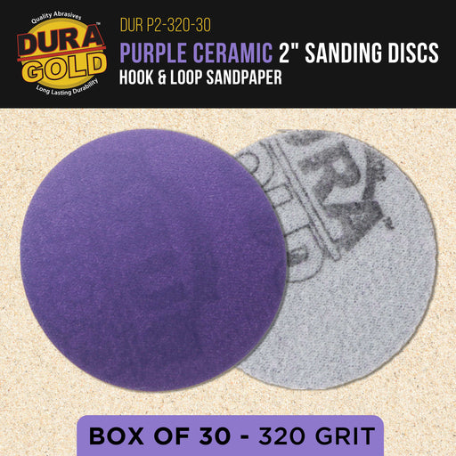 Premium 320 Grit 2" Purple Film Ceramic Sanding Discs, Box of 30 - Hook & Loop Backing Sandpaper for DA Sander, Drill, Grinder, Rotary Tool - Sand Auto Body Paint, Metal, Wood, Woodworking