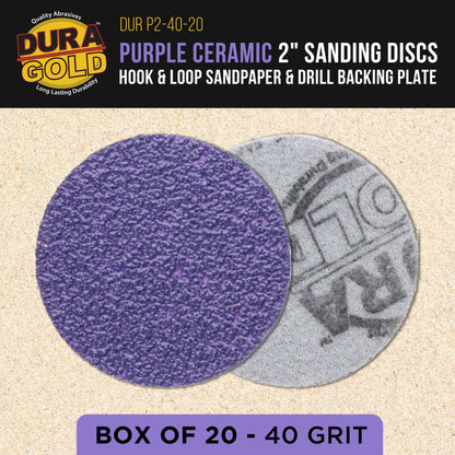 Premium 40 Grit 2" Purple Film Ceramic Sanding Discs, Box of 20 - Hook & Loop Backing Sandpaper for DA Sander, Drill, Grinder, Rotary Tool