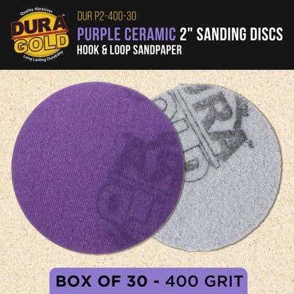 Premium 400 Grit 2" Purple Film Ceramic Sanding Discs, Box of 30 - Hook & Loop Backing Sandpaper for DA Sander, Drill, Grinder, Rotary Tool