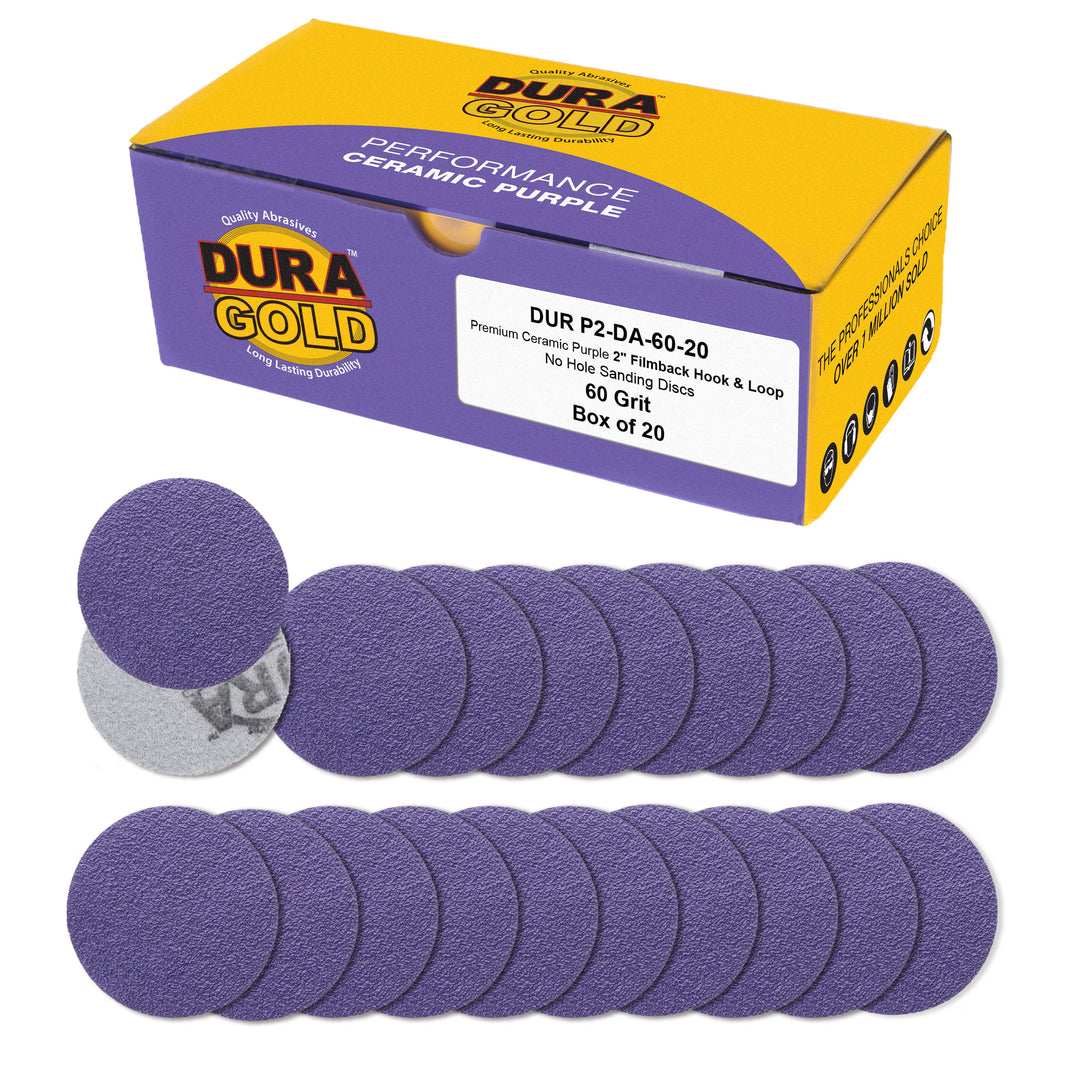 Premium 60 Grit 2" Purple Film Ceramic Sanding Discs, Box of 20 - Hook & Loop Backing Sandpaper for DA Sander, Drill, Grinder, Rotary Tool