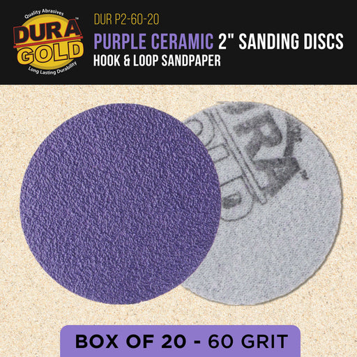 Premium 60 Grit 2" Purple Film Ceramic Sanding Discs, Box of 20 - Hook & Loop Backing Sandpaper for DA Sander, Drill, Grinder, Rotary Tool - Sand Auto Body Paint, Metal, Wood, Woodworking