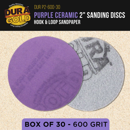 Premium 600 Grit 2" Purple Film Ceramic Sanding Discs, Box of 30 - Hook & Loop Backing Sandpaper for DA Sander, Drill, Grinder, Rotary Tool