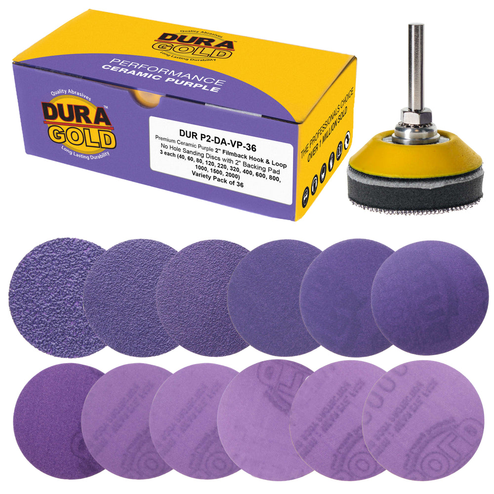 Premium 2" Purple Film Ceramic Sanding Discs, 36 Disc Variety Pack, Grits 40, 60, 80, 120, 220, 320, 400, 600, 800, 1000, 1500, 2000 - Hook & Loop Sandpaper & Drill Backing Plate - Auto Wood