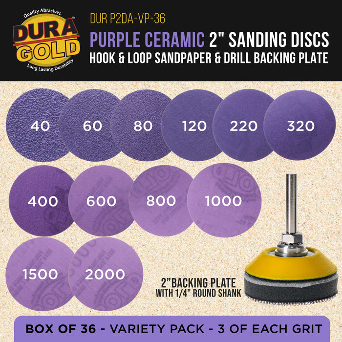 Premium 2" Purple Film Ceramic Sanding Discs, 36 Disc Variety Pack, Grits 40, 60, 80, 120, 220, 320, 400, 600, 800, 1000, 1500, 2000 - Hook & Loop Sandpaper & Drill Backing Plate - Auto Wood