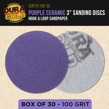 Premium 100 Grit 3" Purple Film Ceramic Sanding Discs, Box of 30 - Hook & Loop Backing Sandpaper for DA Sander, Drill, Grinder, Rotary Tool