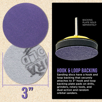 Premium 100 Grit 3" Purple Film Ceramic Sanding Discs, Box of 30 - Hook & Loop Backing Sandpaper for DA Sander, Drill, Grinder, Rotary Tool