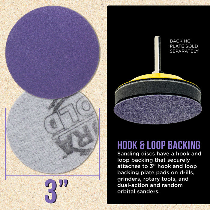 Premium 100 Grit 3" Purple Film Ceramic Sanding Discs, Box of 30 - Hook & Loop Backing Sandpaper for DA Sander, Drill, Grinder, Rotary Tool - Sand Auto Body Paint, Metal, Wood, Woodworking