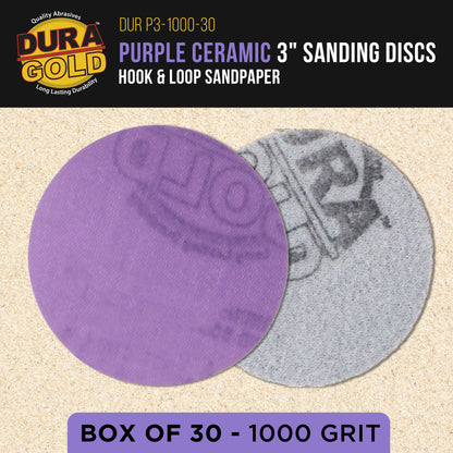 Premium 1000 Grit 3" Purple Film Ceramic Sanding Discs, Box of 30 - Hook & Loop Backing Sandpaper for DA Sander, Drill, Grinder, Rotary Tool