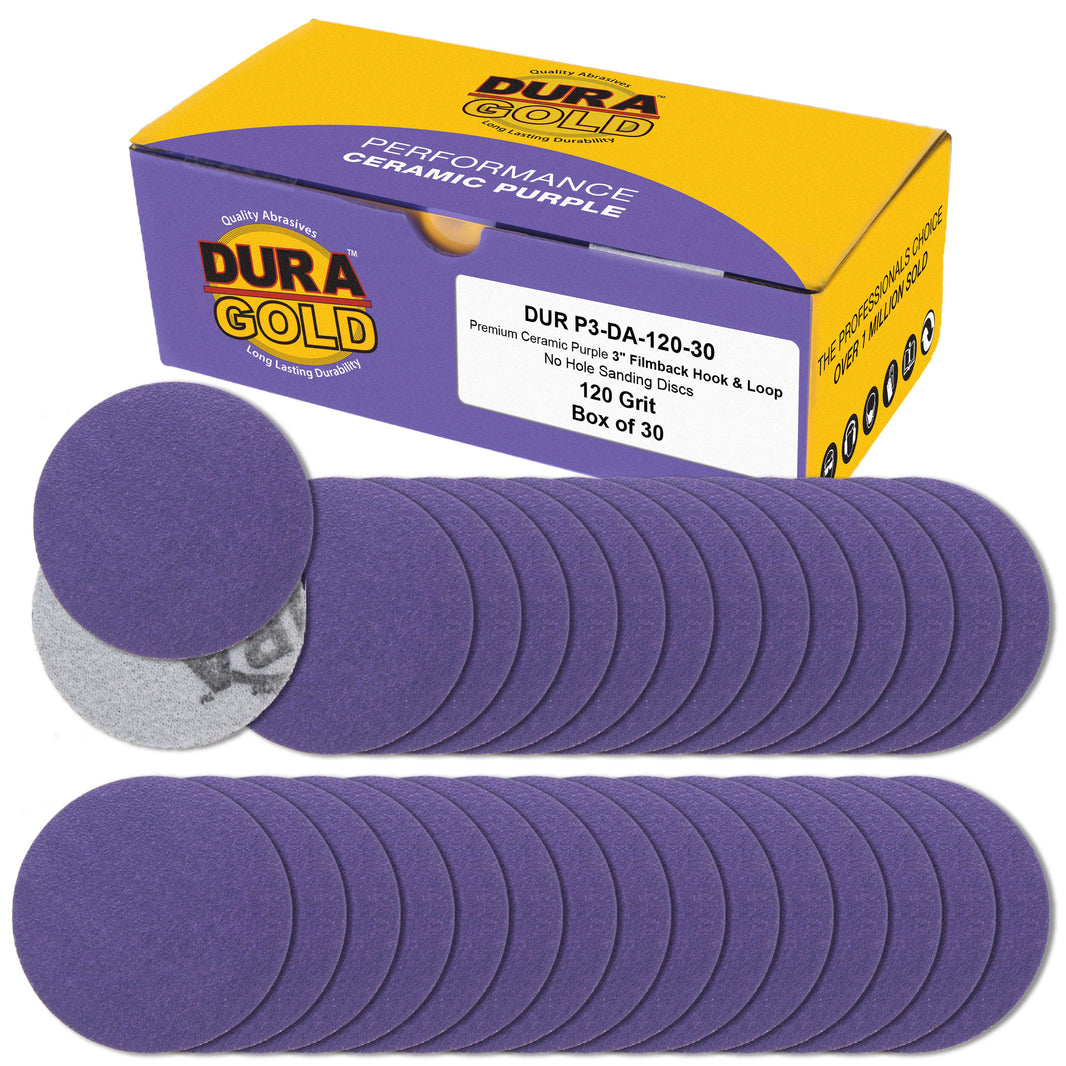 Premium 120 Grit 3" Purple Film Ceramic Sanding Discs, Box of 30 - Hook & Loop Backing Sandpaper for DA Sander, Drill, Grinder, Rotary Tool