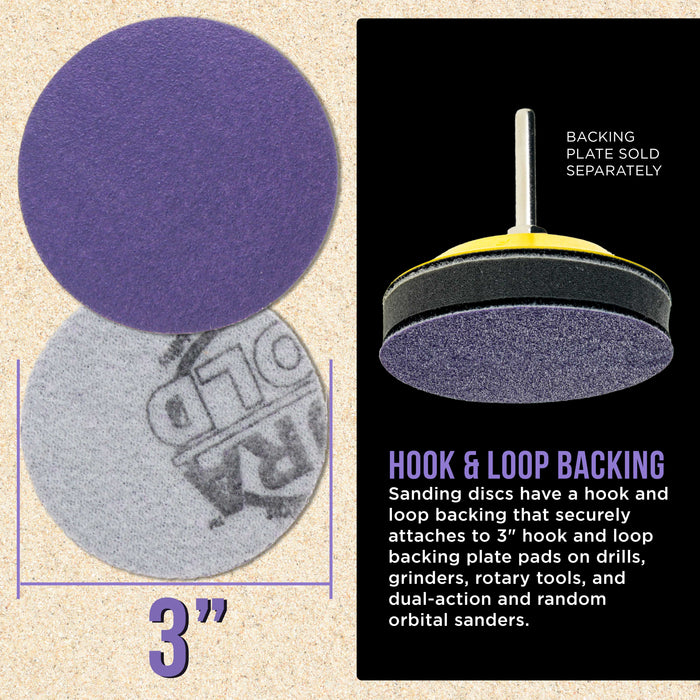 Premium 120 Grit 3" Purple Film Ceramic Sanding Discs, Box of 30 - Hook & Loop Backing Sandpaper for DA Sander, Drill, Grinder, Rotary Tool - Sand Auto Body Paint, Metal, Wood, Woodworking