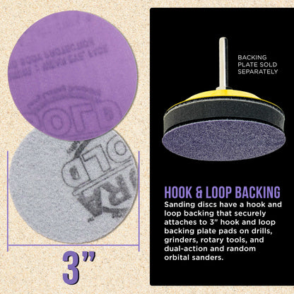 Premium 1500 Grit 3" Purple Film Ceramic Sanding Discs, Box of 30 - Hook & Loop Backing Sandpaper for DA Sander, Drill, Grinder, Rotary Tool