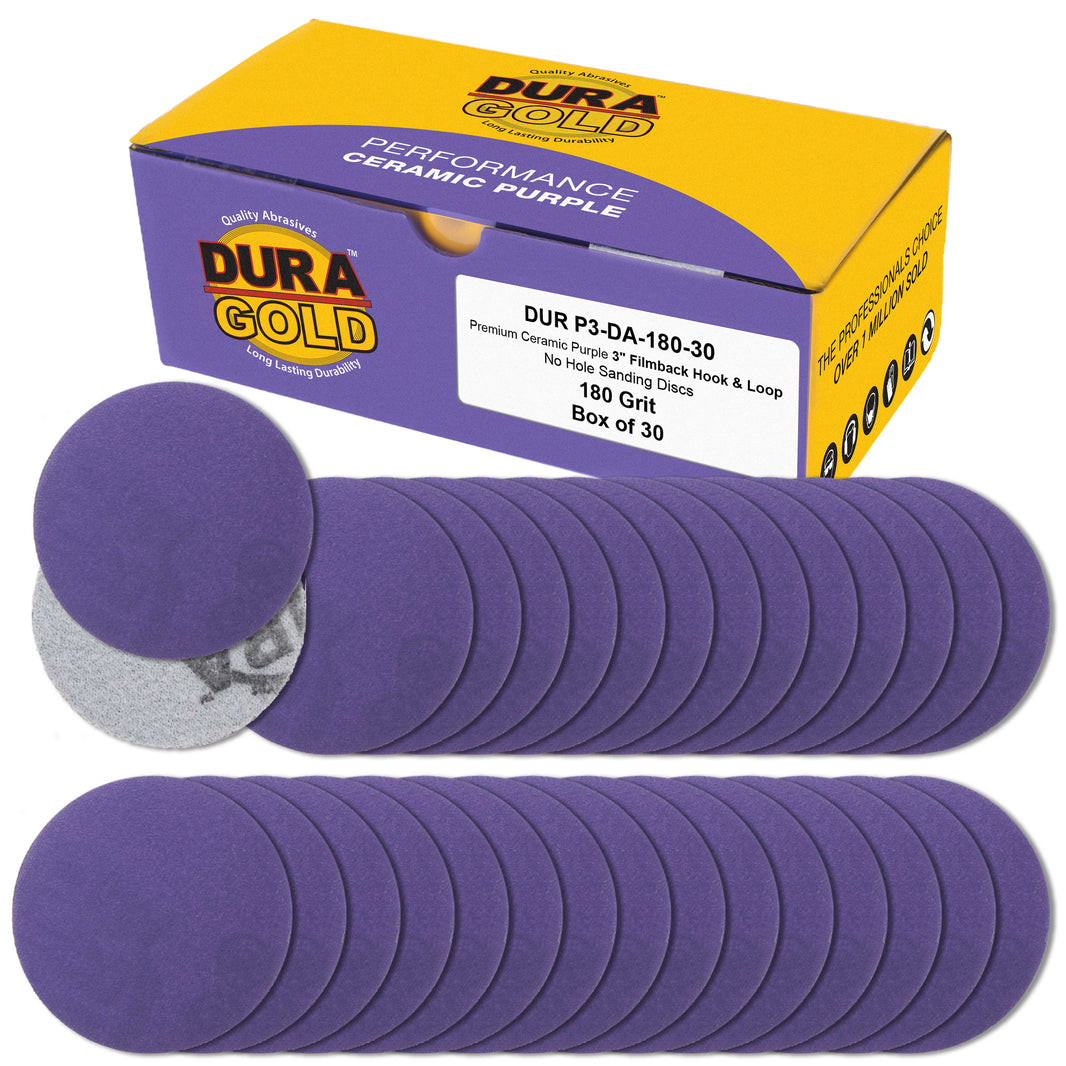 Premium 180 Grit 3" Purple Film Ceramic Sanding Discs, Box of 30 - Hook & Loop Backing Sandpaper for DA Sander, Drill, Grinder, Rotary Tool