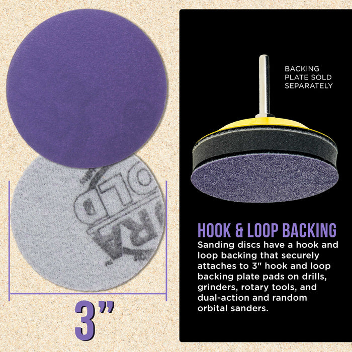 Premium 180 Grit 3" Purple Film Ceramic Sanding Discs, Box of 30 - Hook & Loop Backing Sandpaper for DA Sander, Drill, Grinder, Rotary Tool - Sand Auto Body Paint, Metal, Wood, Woodworking