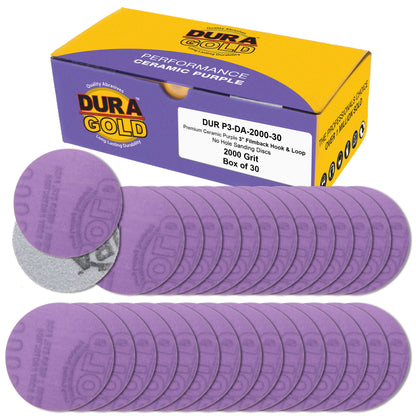 Premium 2000 Grit 3" Purple Film Ceramic Sanding Discs, Box of 30 - Hook & Loop Backing Sandpaper for DA Sander, Drill, Grinder, Rotary Tool