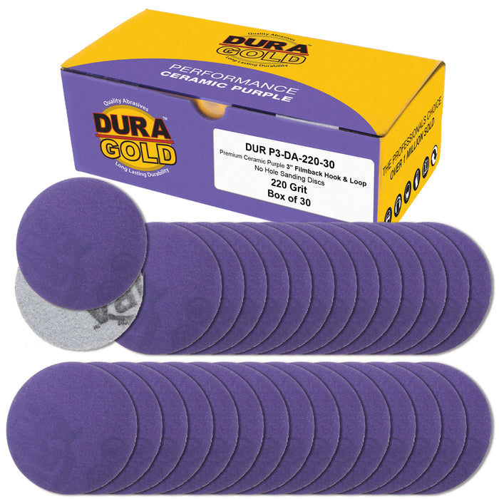 Premium 220 Grit 3" Purple Film Ceramic Sanding Discs, Box of 30 - Hook & Loop Backing Sandpaper for DA Sander, Drill, Grinder, Rotary Tool - Sand Auto Body Paint, Metal, Wood, Woodworking