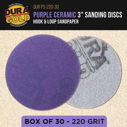 Premium 220 Grit 3" Purple Film Ceramic Sanding Discs, Box of 30 - Hook & Loop Backing Sandpaper for DA Sander, Drill, Grinder, Rotary Tool