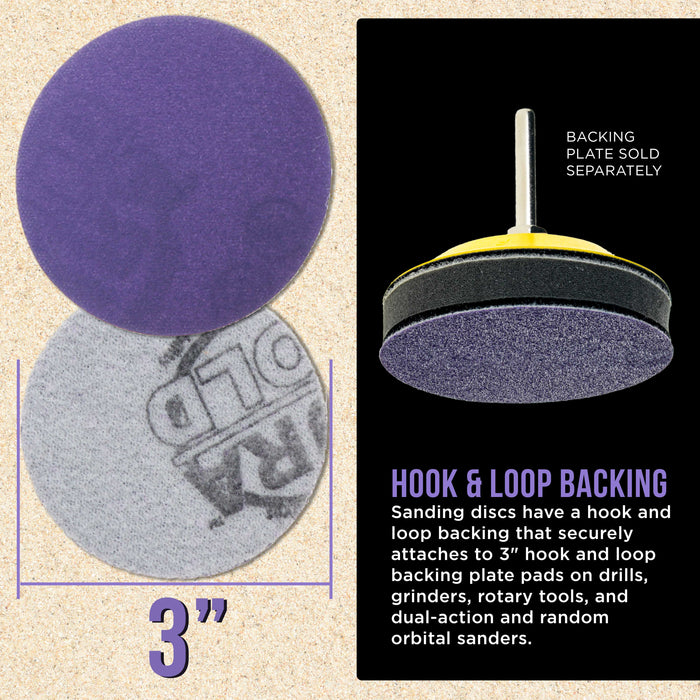 Premium 220 Grit 3" Purple Film Ceramic Sanding Discs, Box of 30 - Hook & Loop Backing Sandpaper for DA Sander, Drill, Grinder, Rotary Tool - Sand Auto Body Paint, Metal, Wood, Woodworking