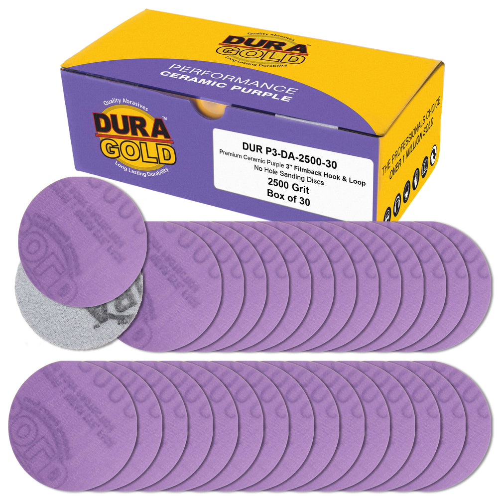 Premium 2500 Grit 3" Purple Film Ceramic Sanding Discs, Box of 30 - Hook & Loop Backing Sandpaper for DA Sander, Drill, Grinder, Rotary Tool - Sand Auto Body Paint, Metal, Wood, Woodworking