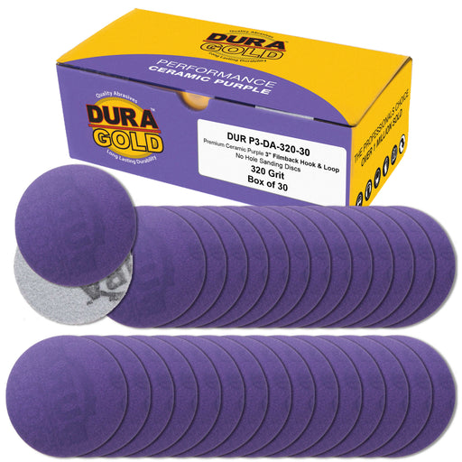 Premium 320 Grit 3" Purple Film Ceramic Sanding Discs, Box of 30 - Hook & Loop Backing Sandpaper for DA Sander, Drill, Grinder, Rotary Tool - Sand Auto Body Paint, Metal, Wood, Woodworking