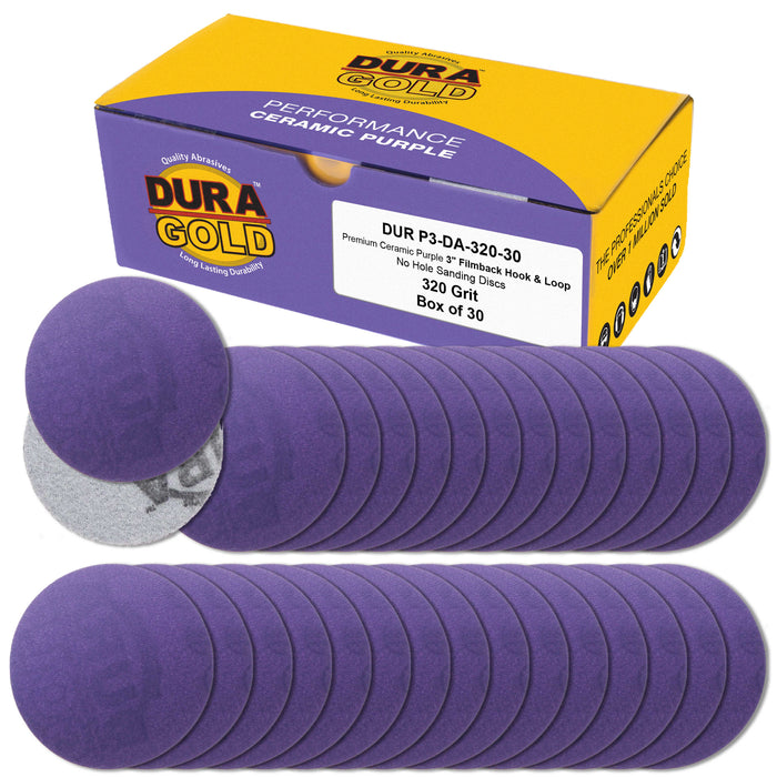 Premium 320 Grit 3" Purple Film Ceramic Sanding Discs, Box of 30 - Hook & Loop Backing Sandpaper for DA Sander, Drill, Grinder, Rotary Tool - Sand Auto Body Paint, Metal, Wood, Woodworking